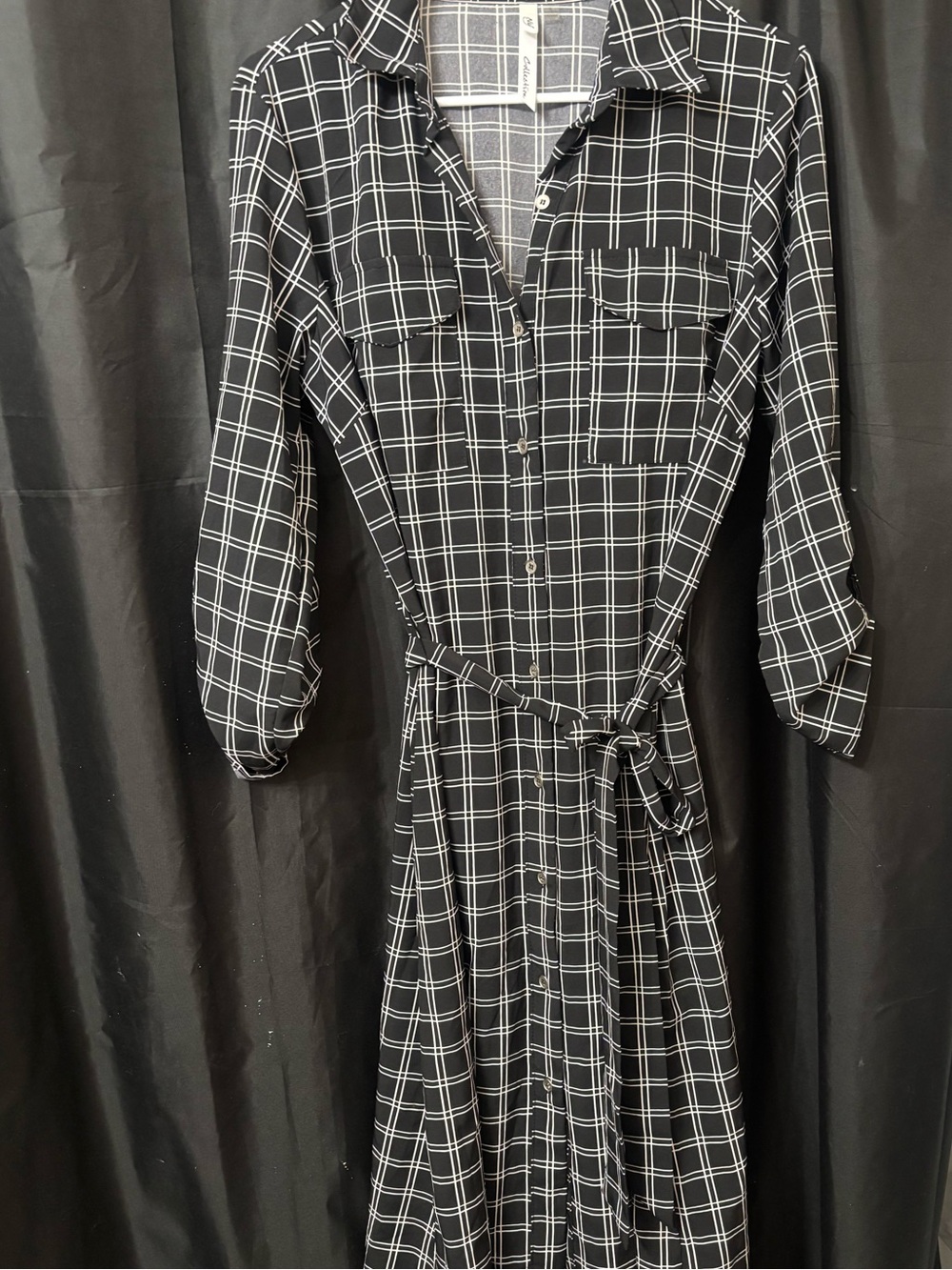 NY Collection Black and White Plaid Midi Shirt Dress with Tie Waist